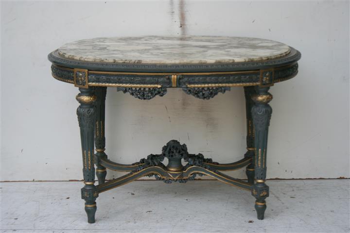 Mesa De Sala Frances PATINADA Con Marmol Y Cruceta