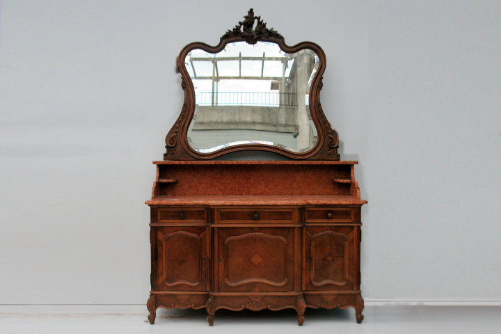 LAVATORIO FRANCES LUIS XVI NOGAL CON MARMOL Y ESPEJO