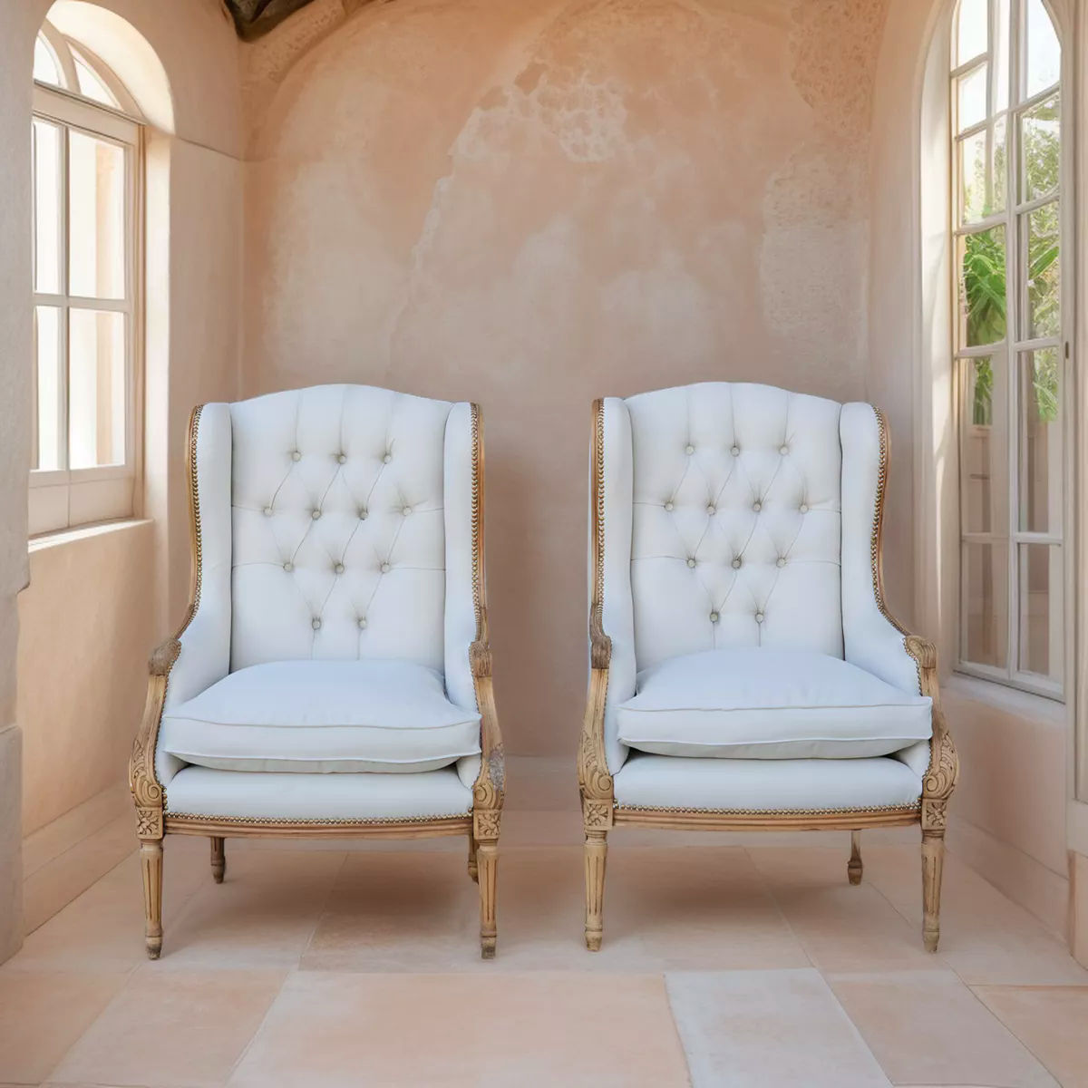 Par De Sillones Tipo Bergere Tapizados En Lino A Nuevo