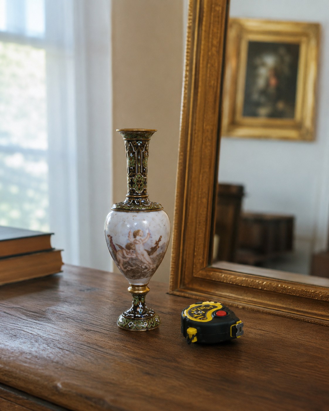 Jarrón decorativo de porcelana con pintura y detalles en esmalte cloisonné