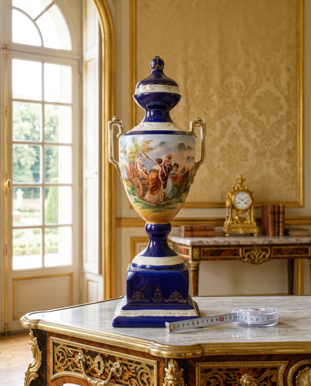 Jarrón clásico de porcelana azul cobalto con detalles dorados y escena romántica central