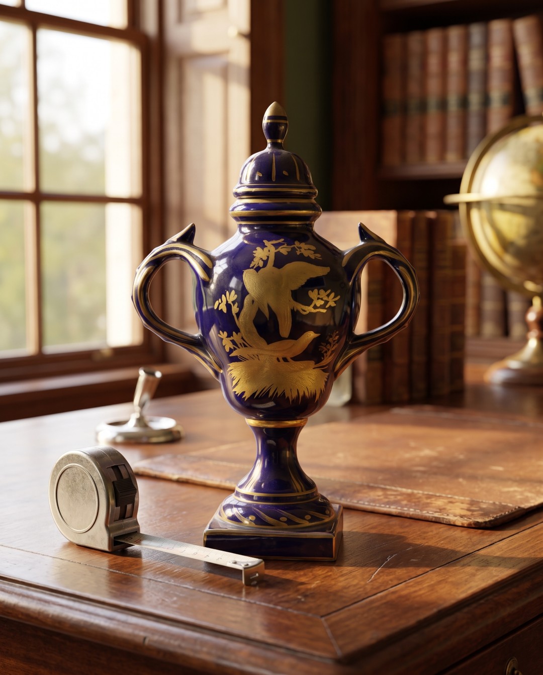 Jarrón decorativo de estilo clásico en azul cobalto con tapa, asas y motivos orientales en dorado