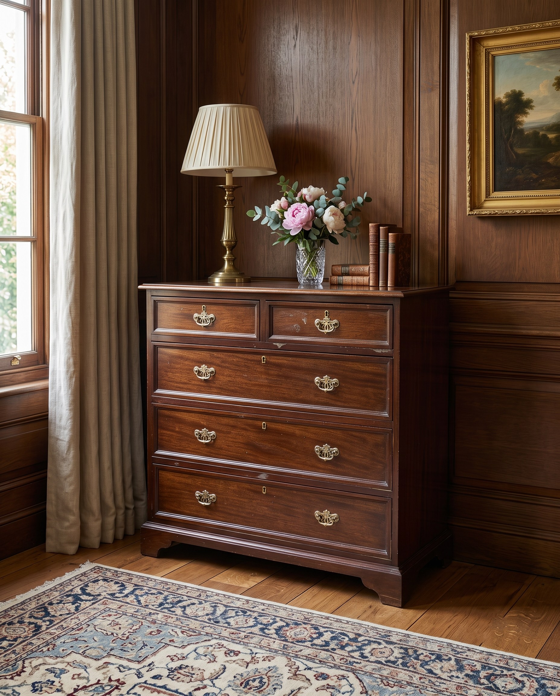 Cómoda Cajonera Antigua De Madera Maciza Y Herrajes De Bronce