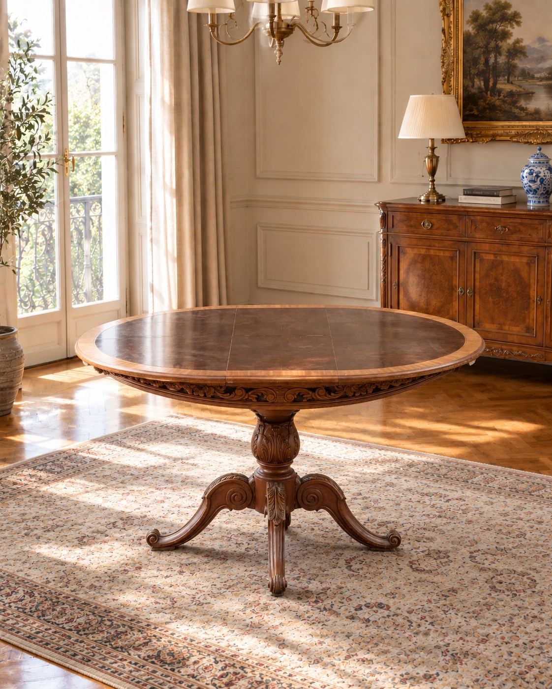 Mesa de comedor con bocha central tallada