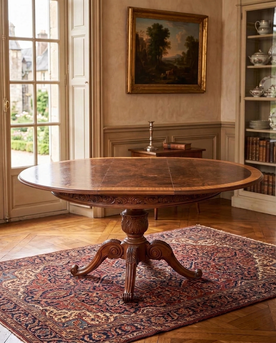 Mesa de comedor con bocha central tallada