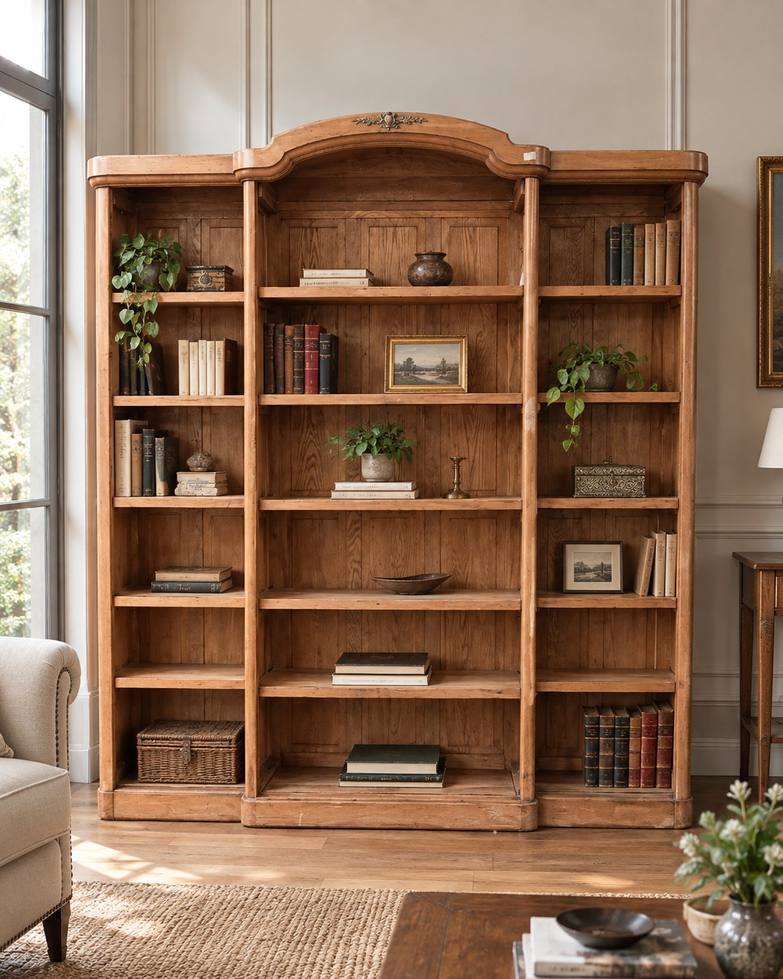 Biblioteca de roble antigua con estantes