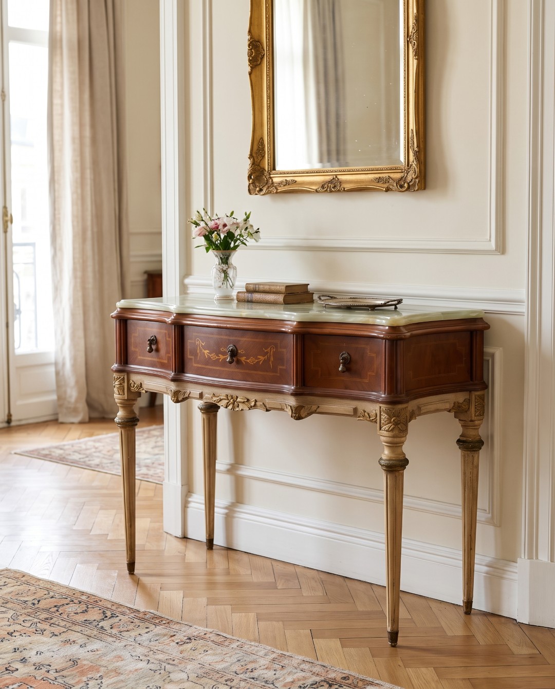 Consola Con Marmol Estilo Frances Luis Xvi Madera 3 Cajones